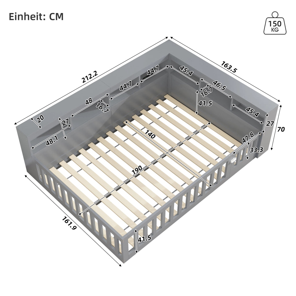 Letto divano 140 × 190 cm 2 posti con vano laterale; prese e USB; senza materasso; in pannelli di legno grigio