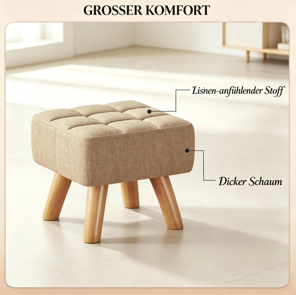 Pouf quadrato imbottito in lino beige, seduta 27x27x26 cm, con gambe in legno di gomma anti-scivolo