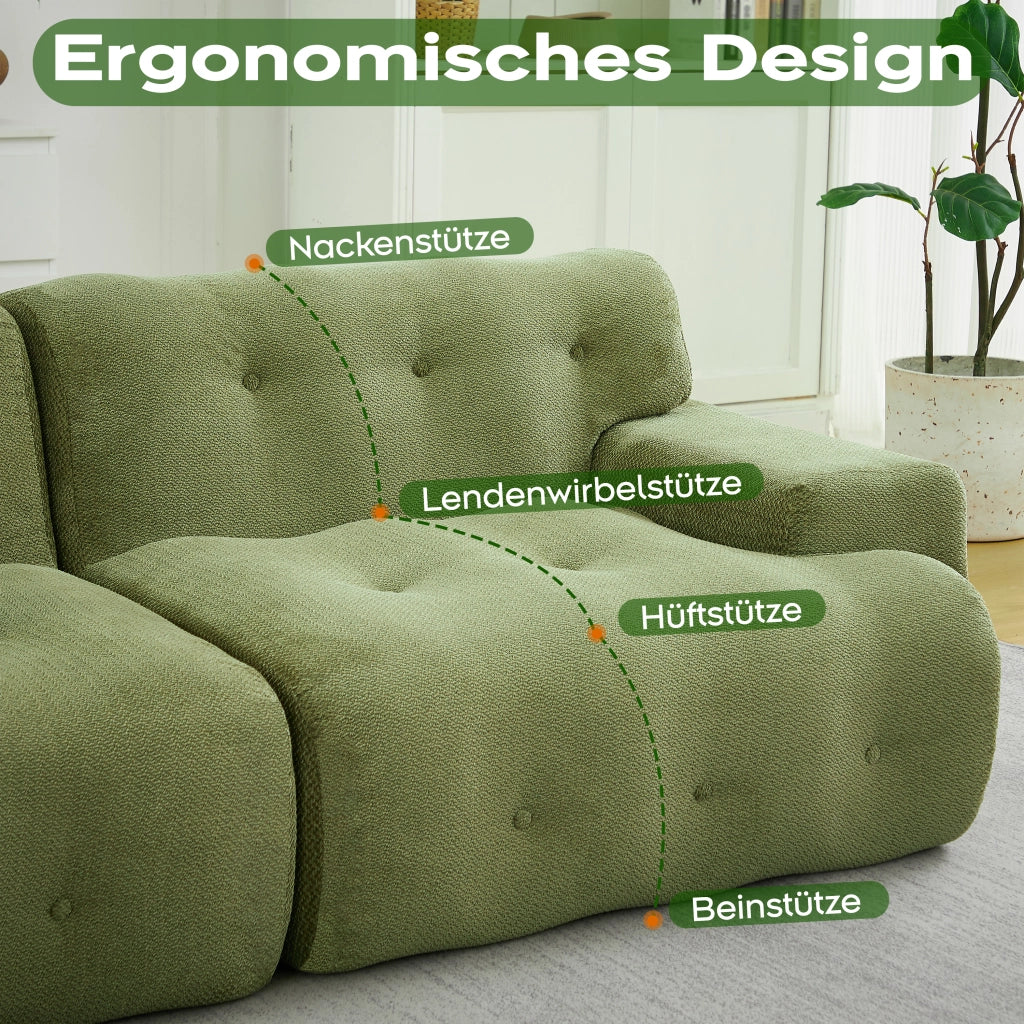 Divano modulare 2 posti in ciniglia con braccioli ampi bottoni verde 224 × 104 × 66 cm