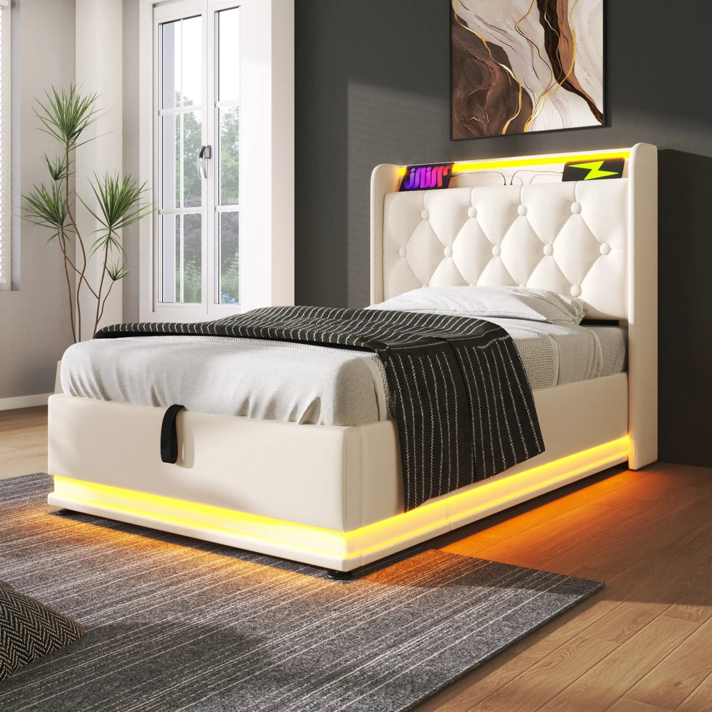 Letto singolo contenitore 90 × 200 cm con materasso LED a 360 gradi PU bianco USB e Type C
