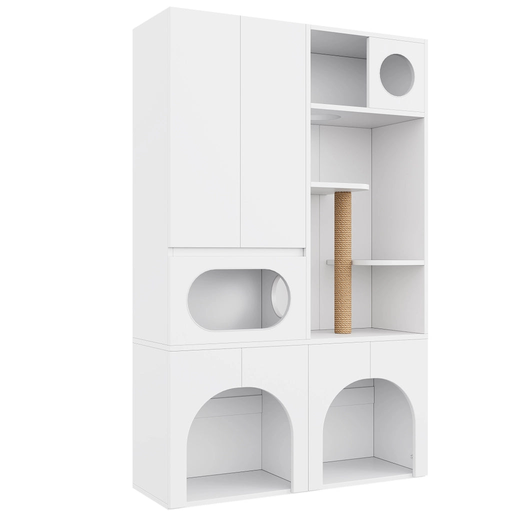 Mobile per lettiere ULEVR 140x45x195 cm per 2 lettiere, con tiragraffi in sisal e zone riposo, bianco