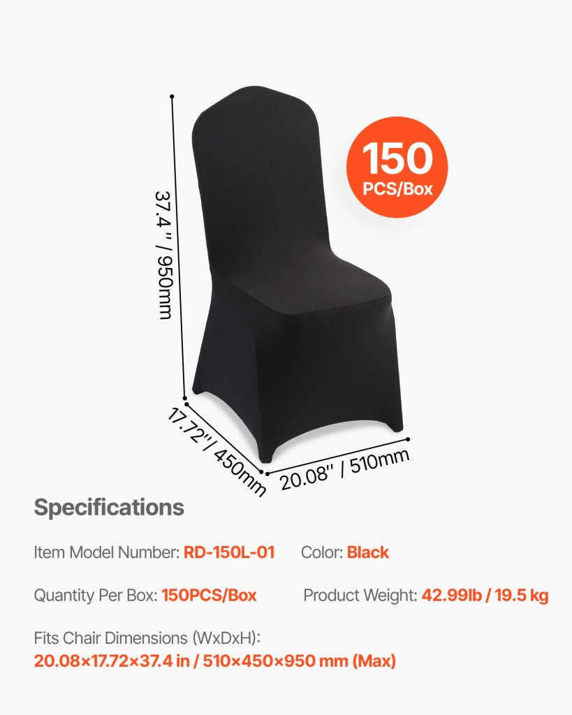 Set 150 Coprisedie Elasticizzati in Poliestere e Spandex, Nero, Rimovibili e Lavabili per Banchetti ed Eventi, 51 x 45 x 95 cm
