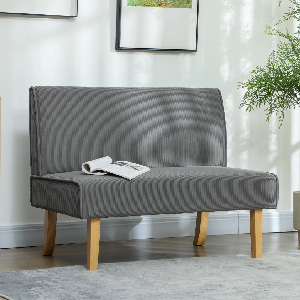Divano 2 posti in velluto a coste grigio con gambe in legno, 110 x 62 x 85 cm