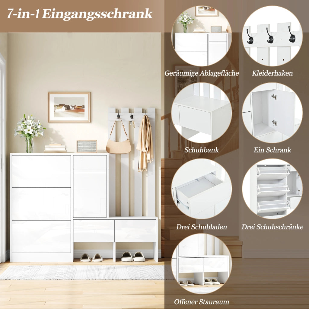 Set di mobili da ingresso con scarpiera a ribalta; panca e appendiabiti in MDF bianco 160 × 35 × 160 cm