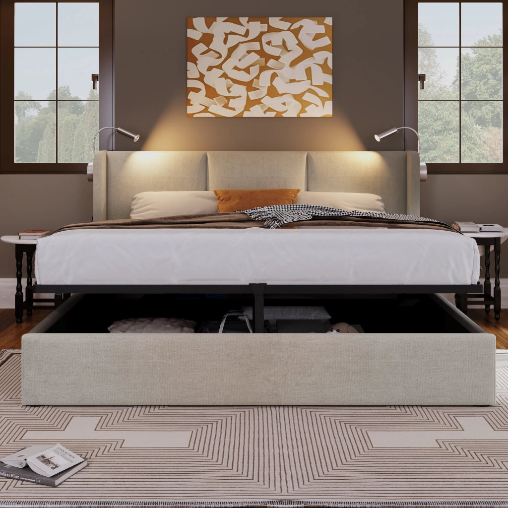 Letto matrimoniale imbottito 140 ¡Á 200 cm con contenitore in lino beige luce da lettura e ricarica USB
