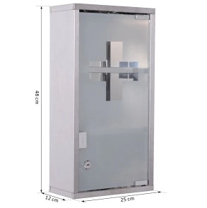 Armadio porta medicinali in acciaio inox con serratura, 3 scomparti, 25 x 12 x 48 cm, porta in vetro satinato