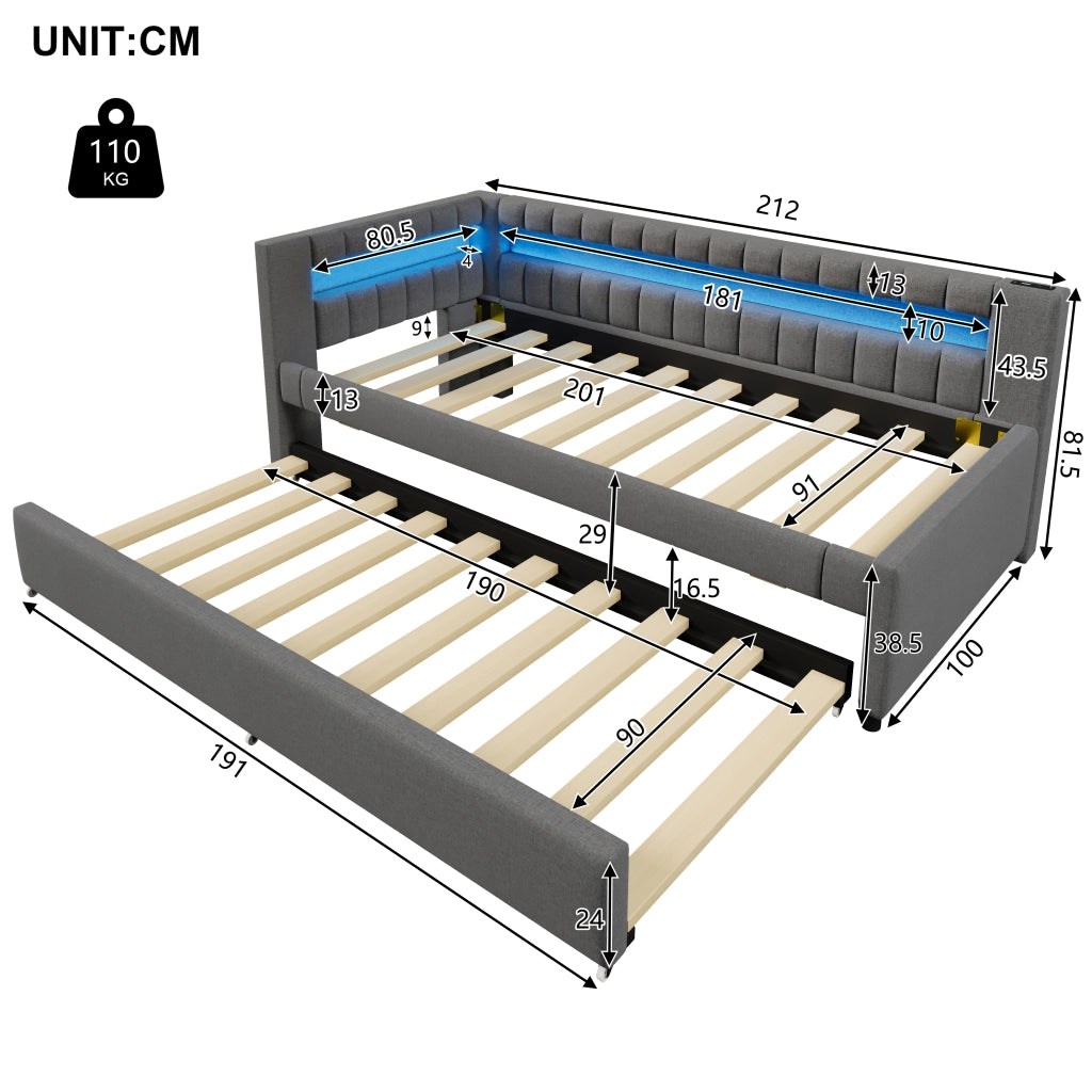 Letto divano estraibile 90 × 200 cm con LED; USB e Type-C; senza materasso; in lino e MDF; grigio