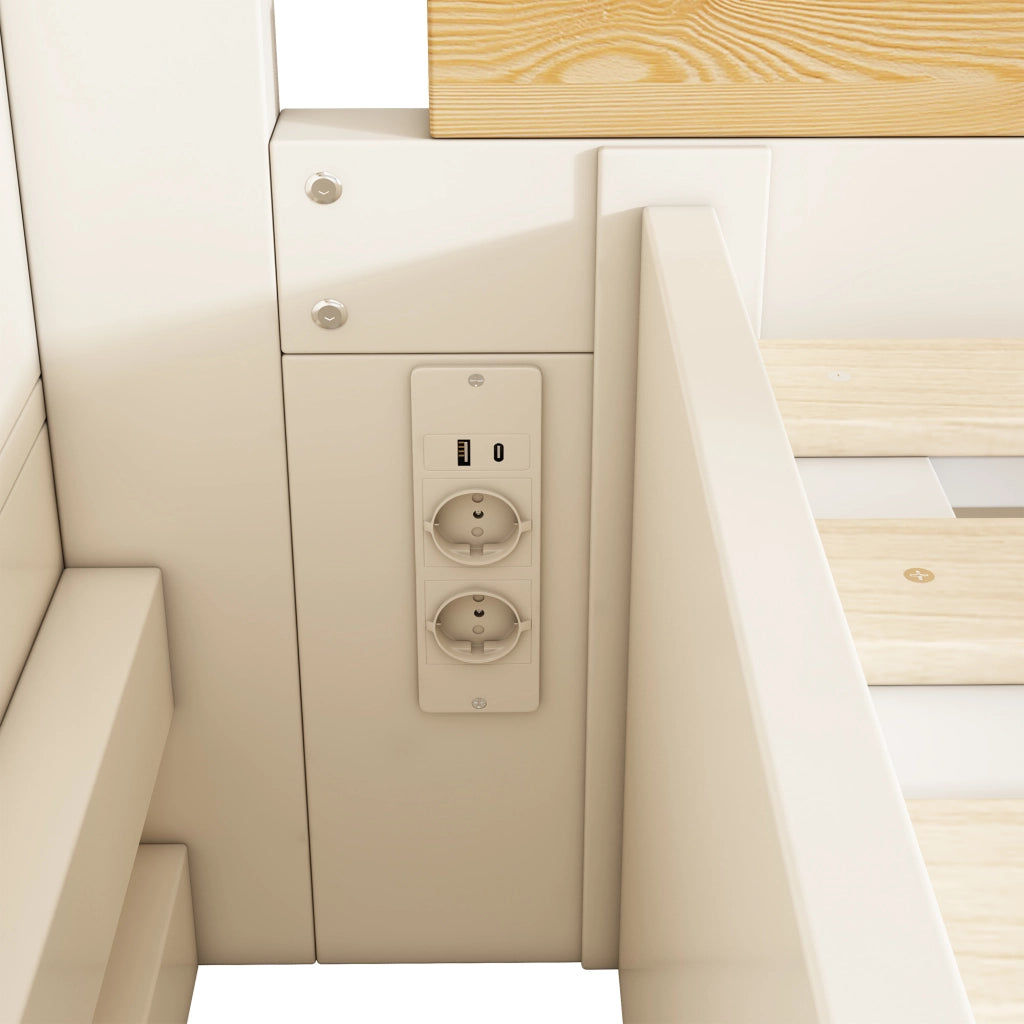 Letto a castello sfalsato 90x200 e 140x200 con contenitore; scala e USB-C; bianco e naturale