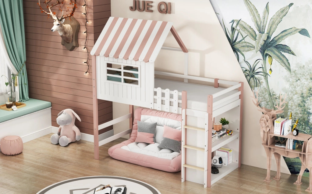 Letto per bambini 90x200 cm in legno massiccio con soppalco e scala di sicurezza rosa