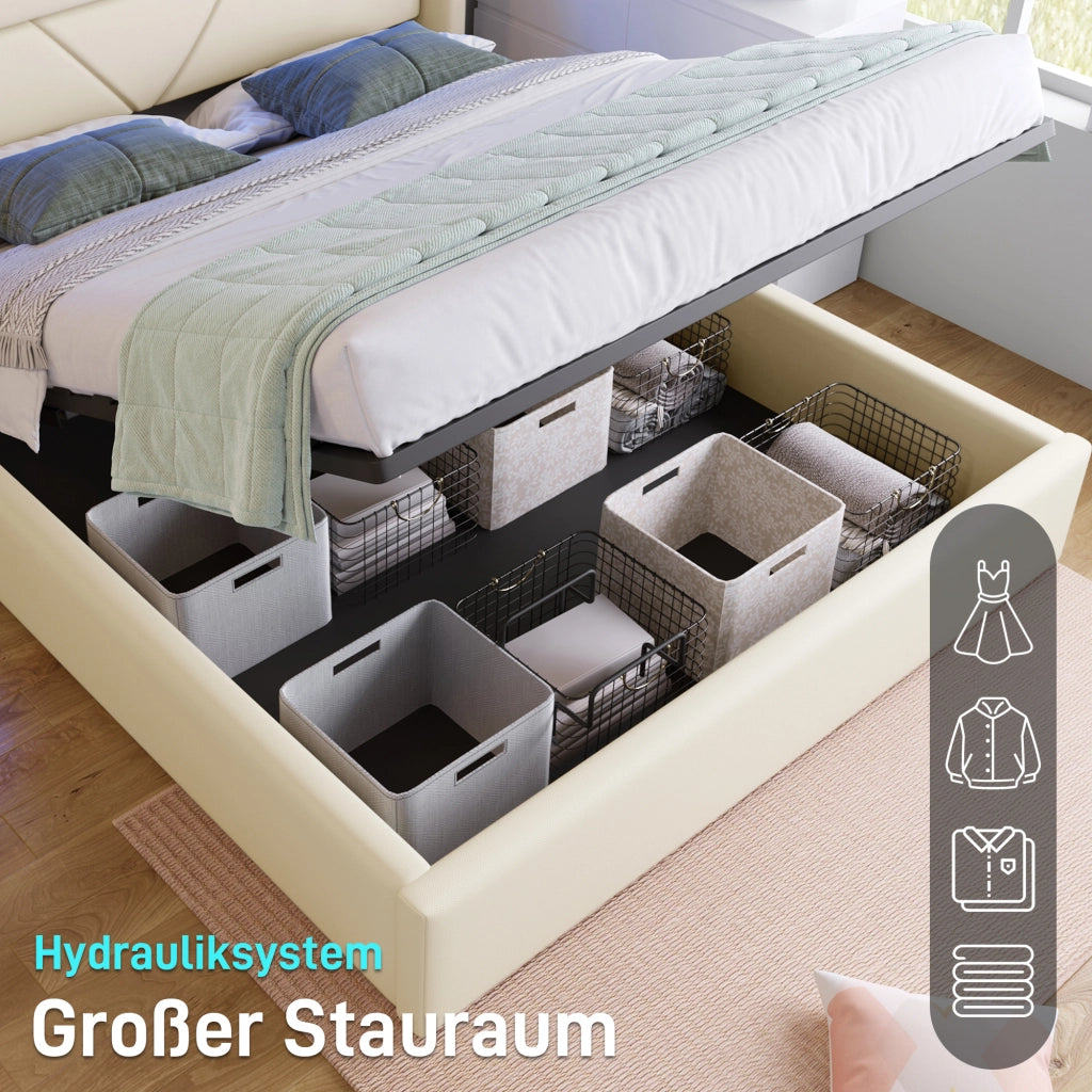 Letto matrimoniale imbottito 160 × 200 cm con contenitore idraulico LED telecomando in PU bianco rete a doghe