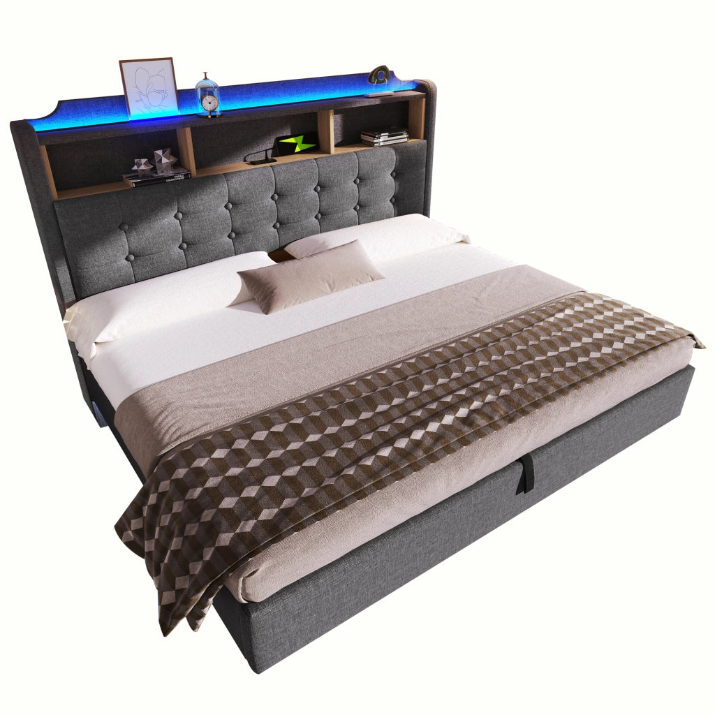 Letto contenitore 180x200 cm grigio effetto sospeso con vani; LED; USB e USB-C