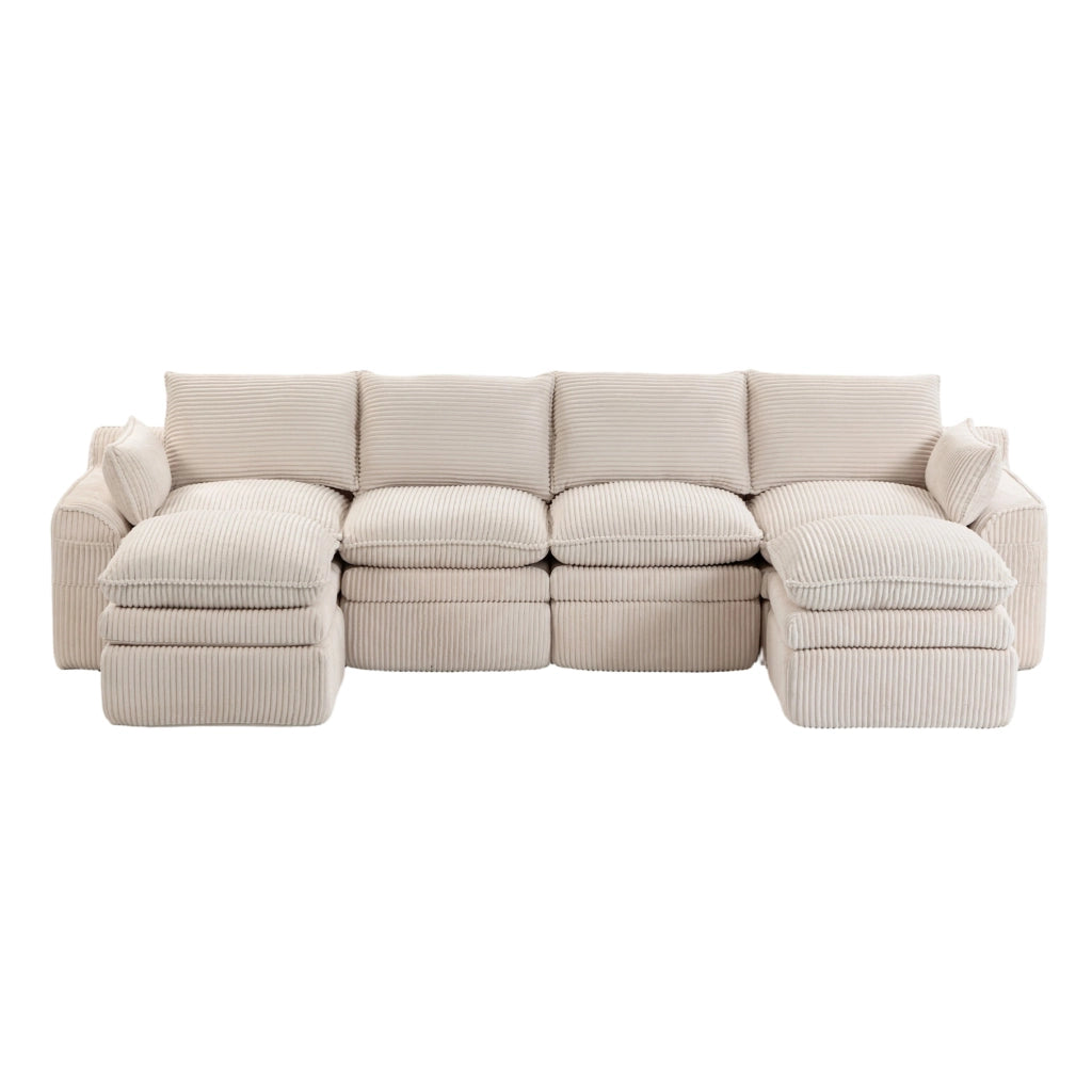 Divano modulare 335x167x85 cm in velluto a coste beige, 4 posti, salvaspazio