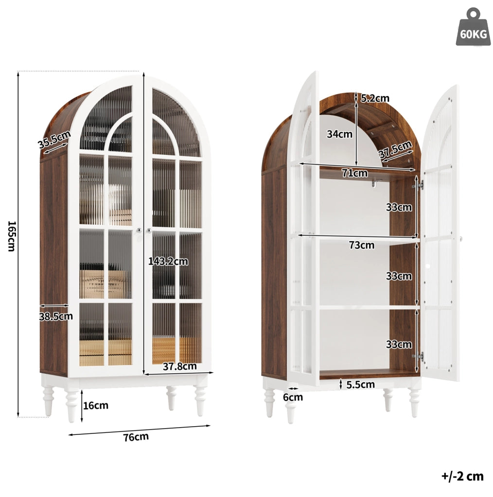 Vetrina ad arco 76x38;5x165 cm con ante in vetro scanalato; 3 ripiani; MDF bianco