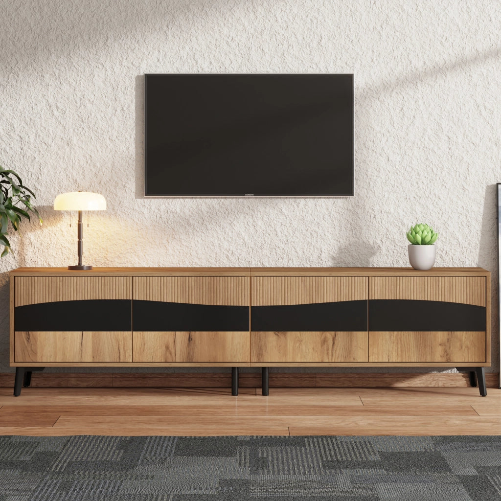 Mobile TV 180x40x50 cm con 4 ante in truciolare naturale e nero