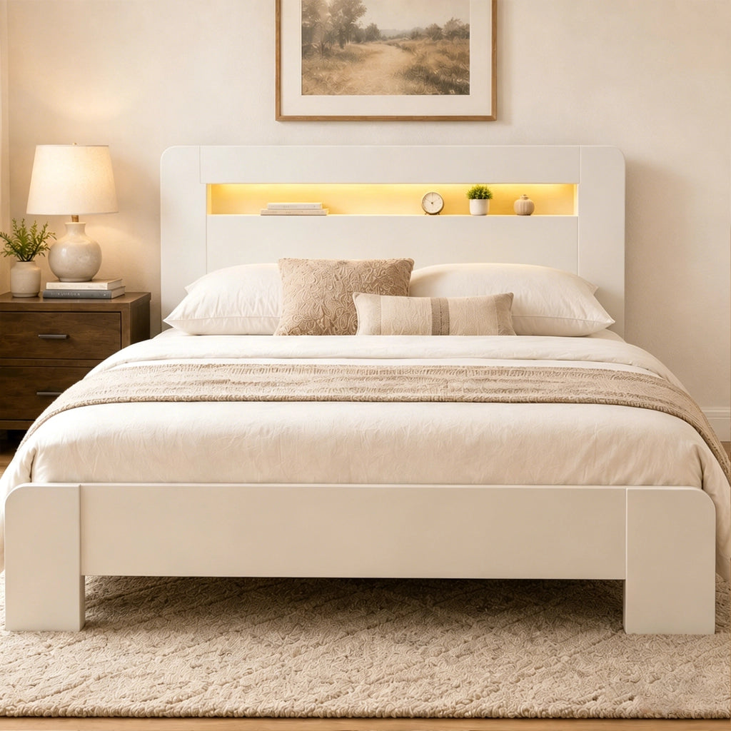 Letto matrimoniale 140 x 200 cm con testiera contenitore, LED e prese integrate, giroletto moderno, legno bianco