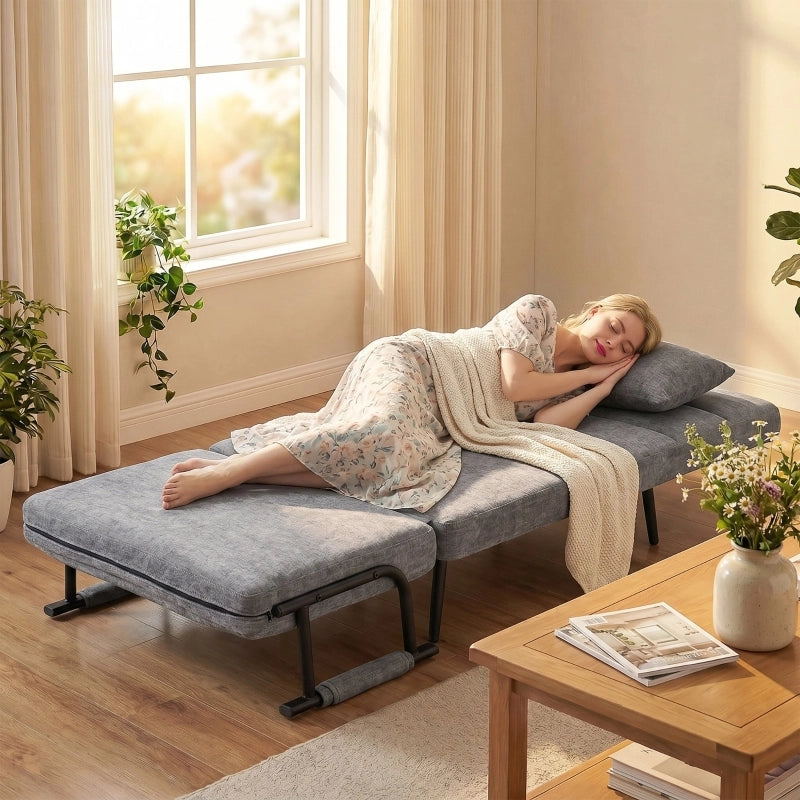 Poltrona letto 3 in 1 in ciniglia grigia con schienale regolabile a 5 livelli e letto singolo 186 × 60 cm