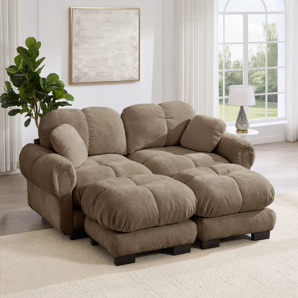 Divano 2 posti modulare con pouf mobile 190x149x90 cm; cuscini trapuntati; struttura con pin; ciniglia marrone