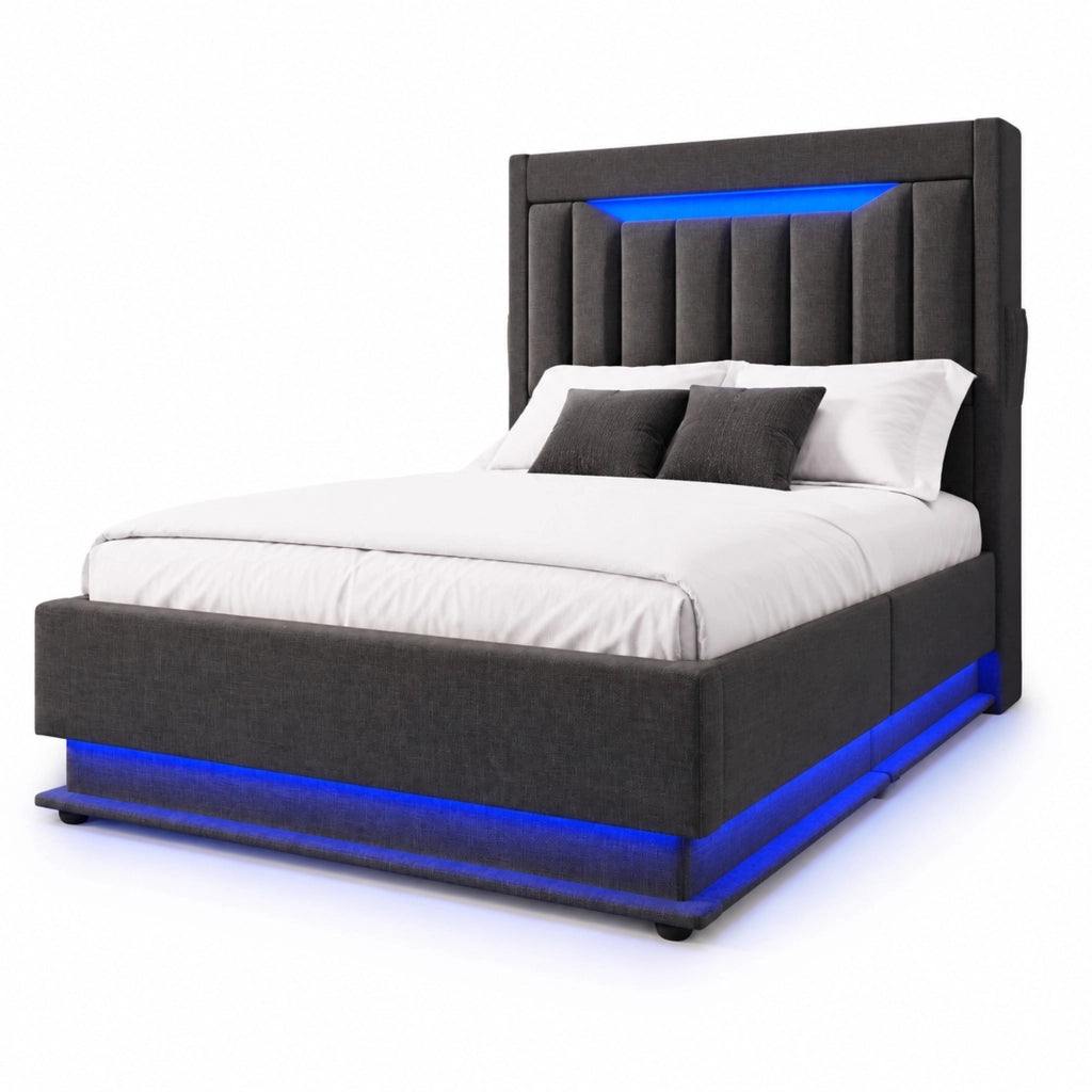 Letto singolo 90 × 200 cm con contenitore idraulico in lino grigio LED USB e porta Type-C con testiera