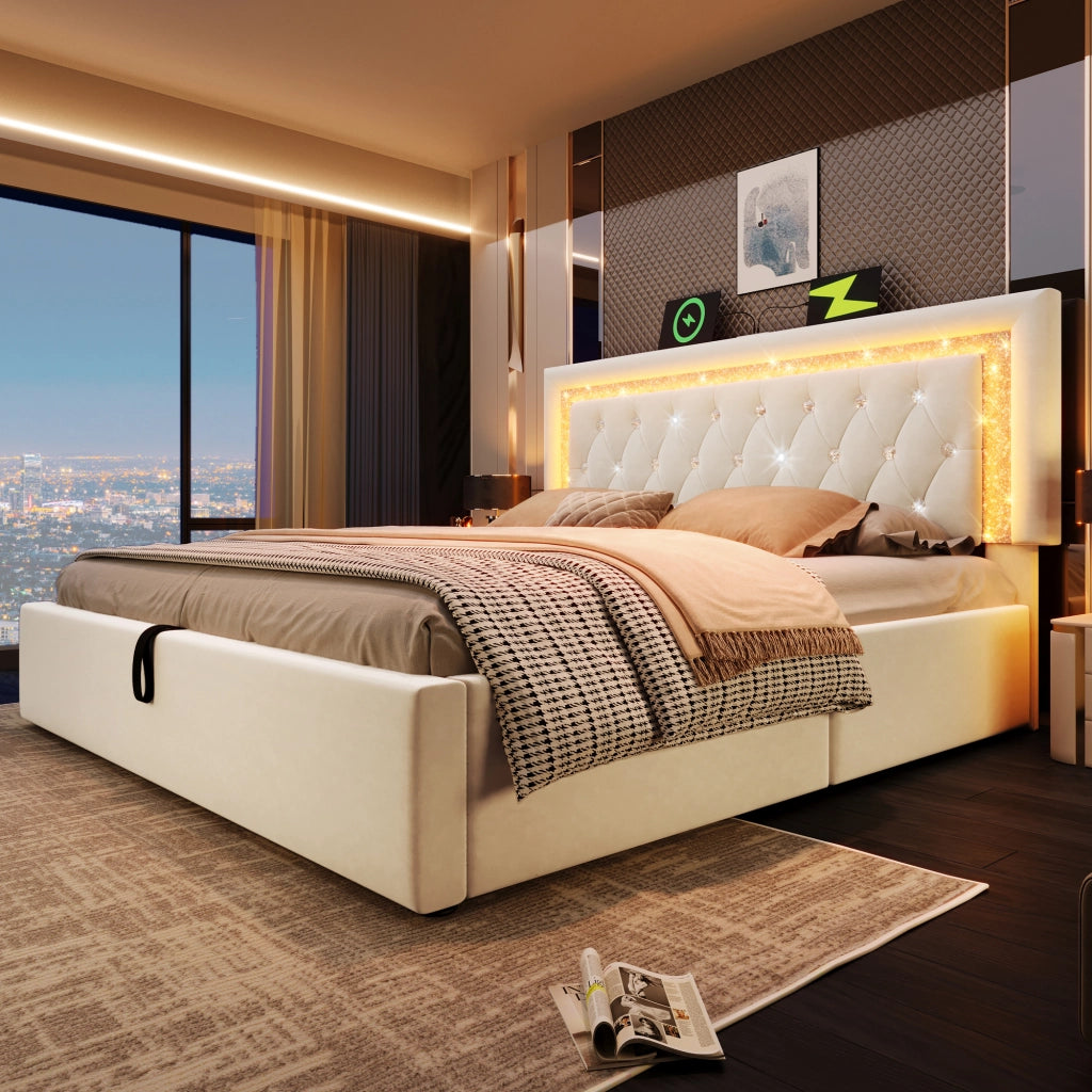 Letto matrimoniale contenitore 140 × 200 cm in velluto beige con LED USB type-c testiera diamantata e vano idraulico
