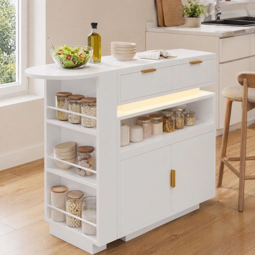 Isola da cucina allungabile e girevole con LED; 115-183 x 40 x 99;5 cm; bianco