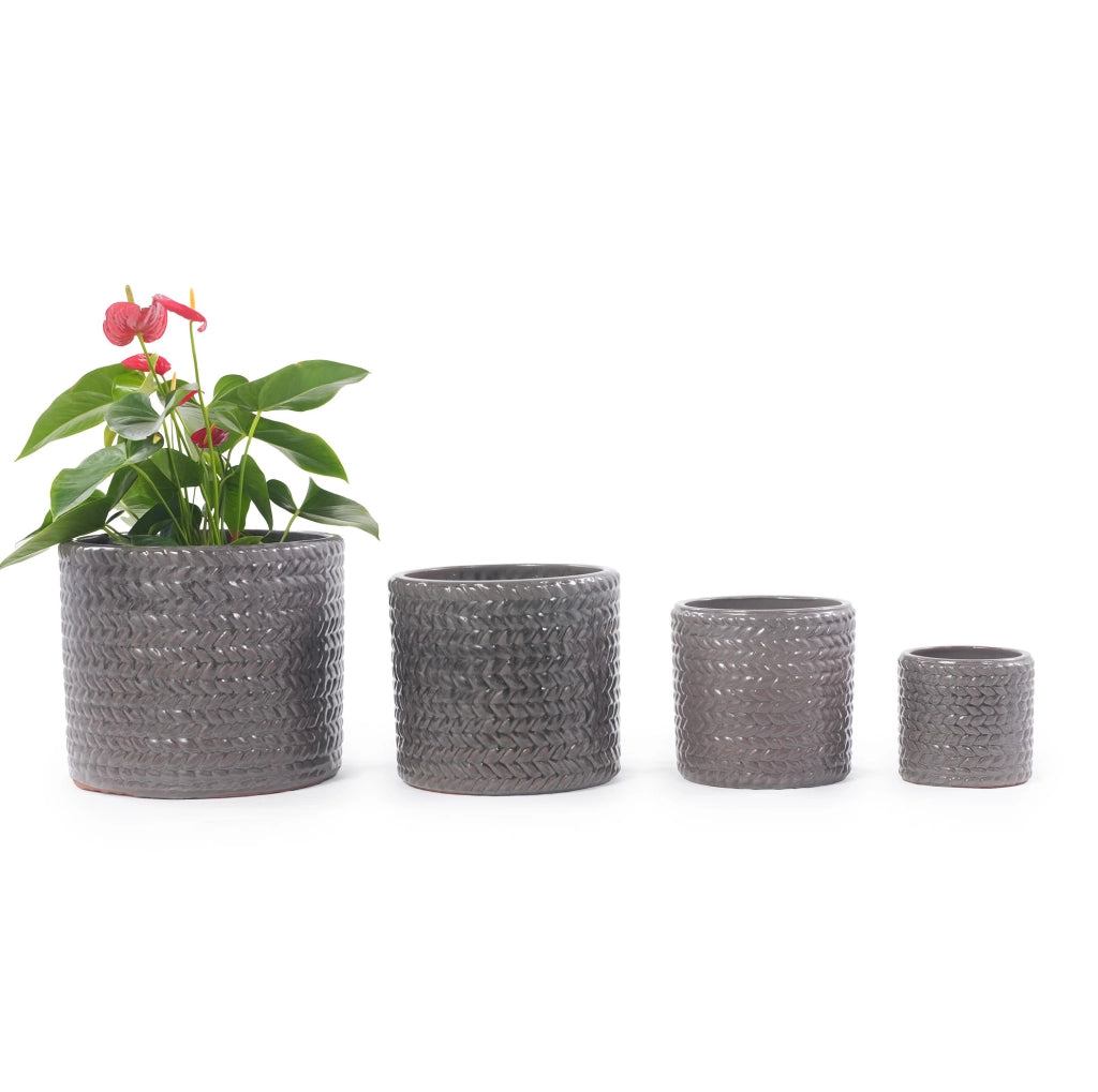 Vaso per piante ULEVR ? 37 cm in ceramica grigia lucida con rilievo a spina di pesce e foro di drenaggio