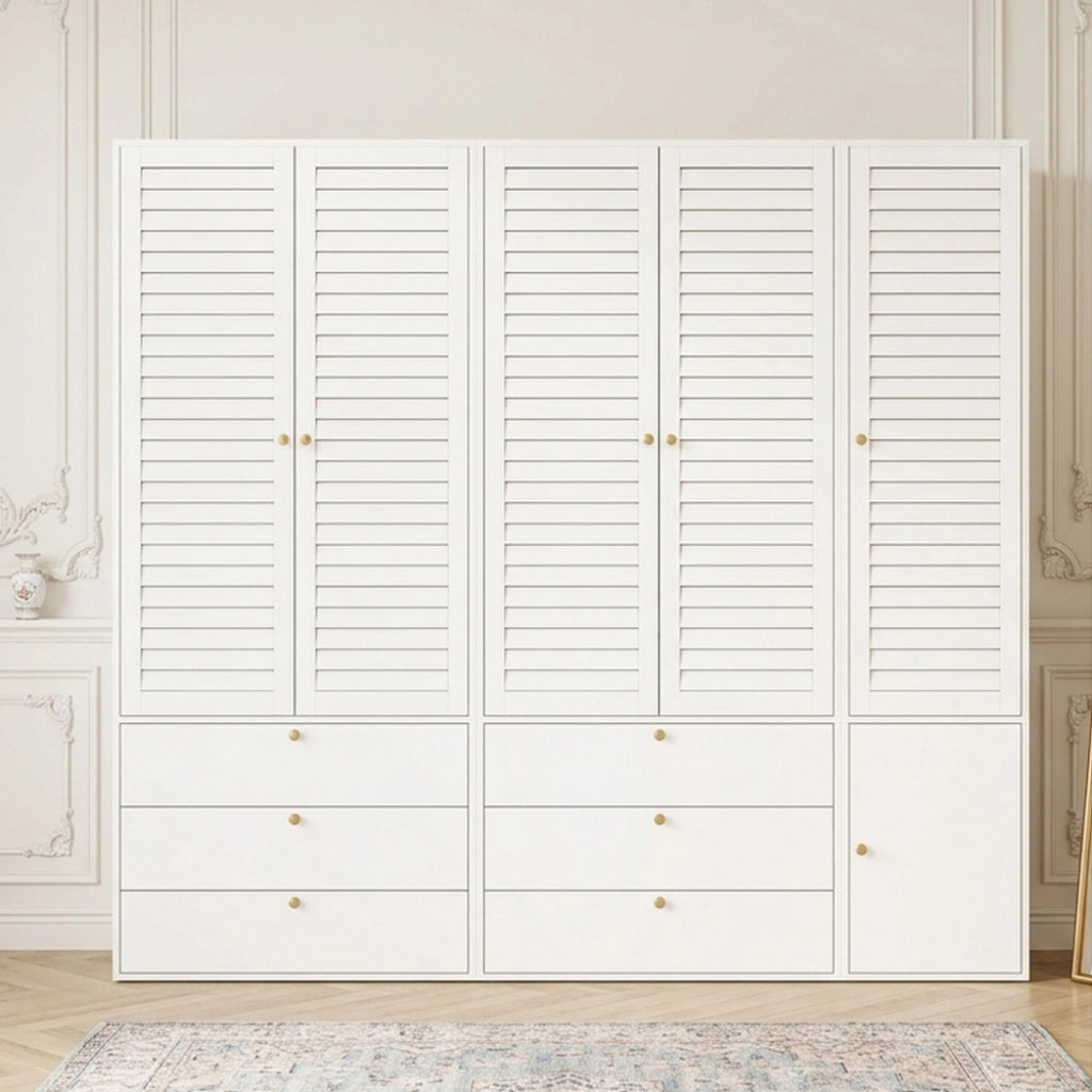 Armadio a 5 ante con ante a lamelle 3 appendiabiti 6 cassetti e portapantaloni estraibile bianco 225 × 50 × 200 cm