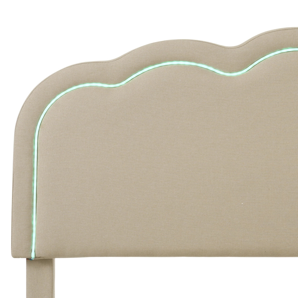 Letto singolo 90 × 200 cm con testiera LED regolabile imbottito in lino beige per camera da letto e ospiti