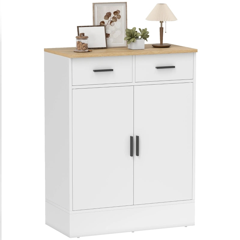 Credenza e madia con 2 cassetti e ripiano regolabile, per cucina e soggiorno, legno bianco, 68,6 × 35 × 90,3 cm