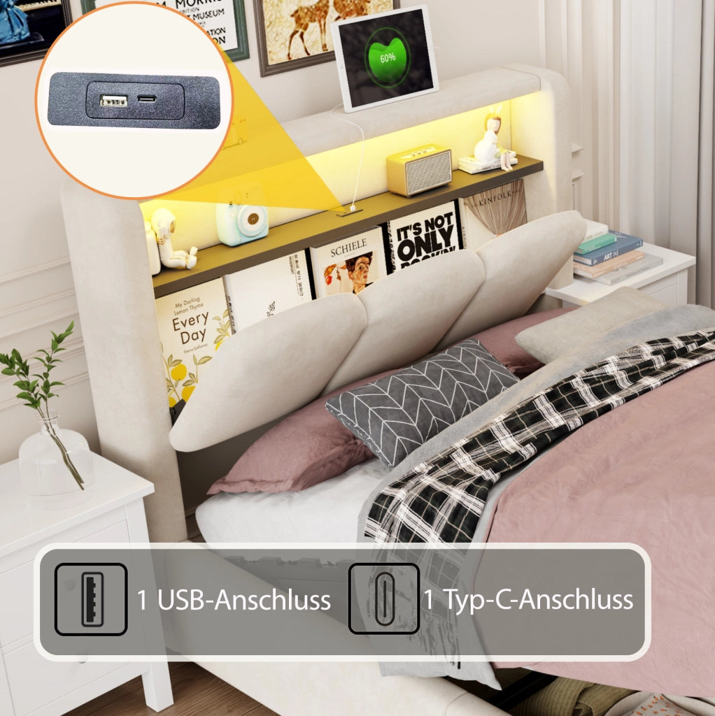 Letto singolo imbottito 90x200 cm con contenitore idraulico, rivestimento in velluto beige e illuminazione LED con USB e Type-C