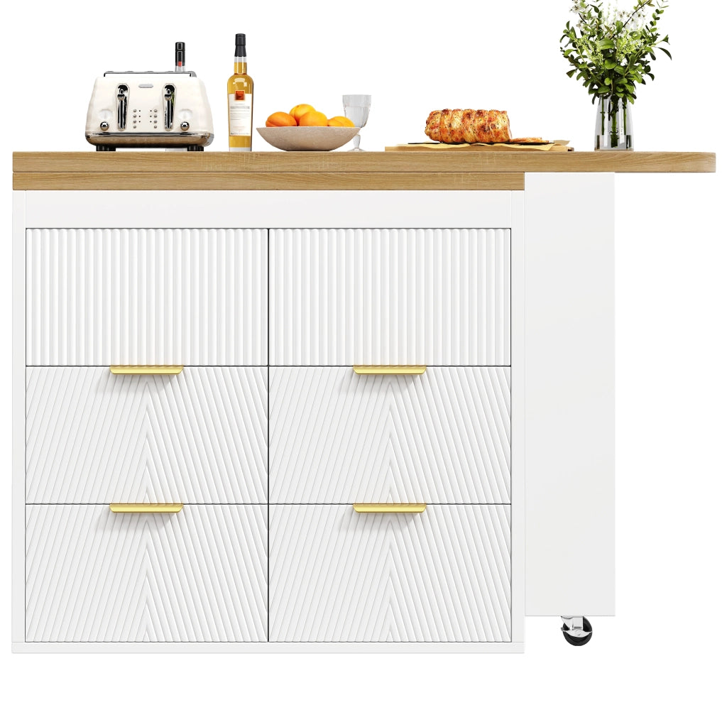 Tavolo alto girevole con 6 cassetti e ripiano laterale in MDF bianco per cucina soggiorno e ufficio domestico
