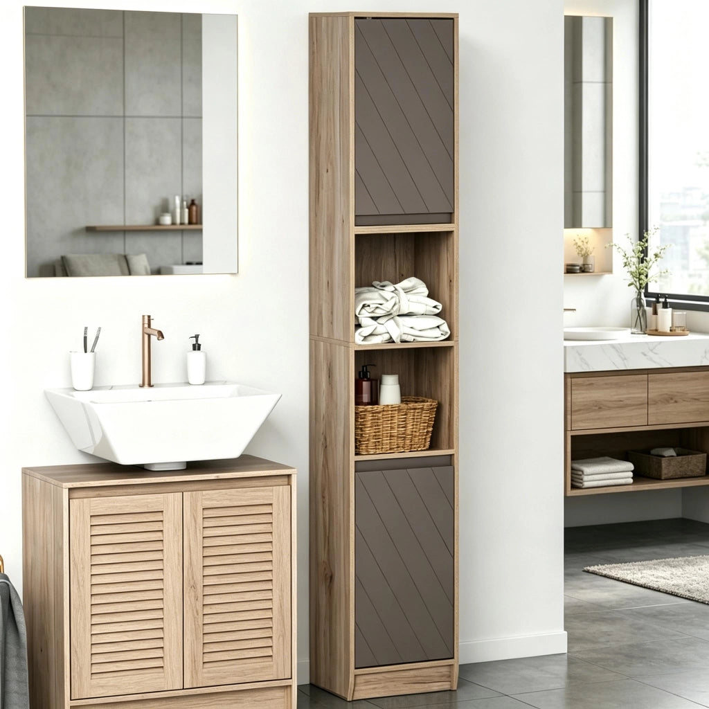 Colonna da bagno con 2 armadietti; 2 vani aperti e ripiani regolabili in MDF grigio effetto rovere 30 × 24 × 170 cm