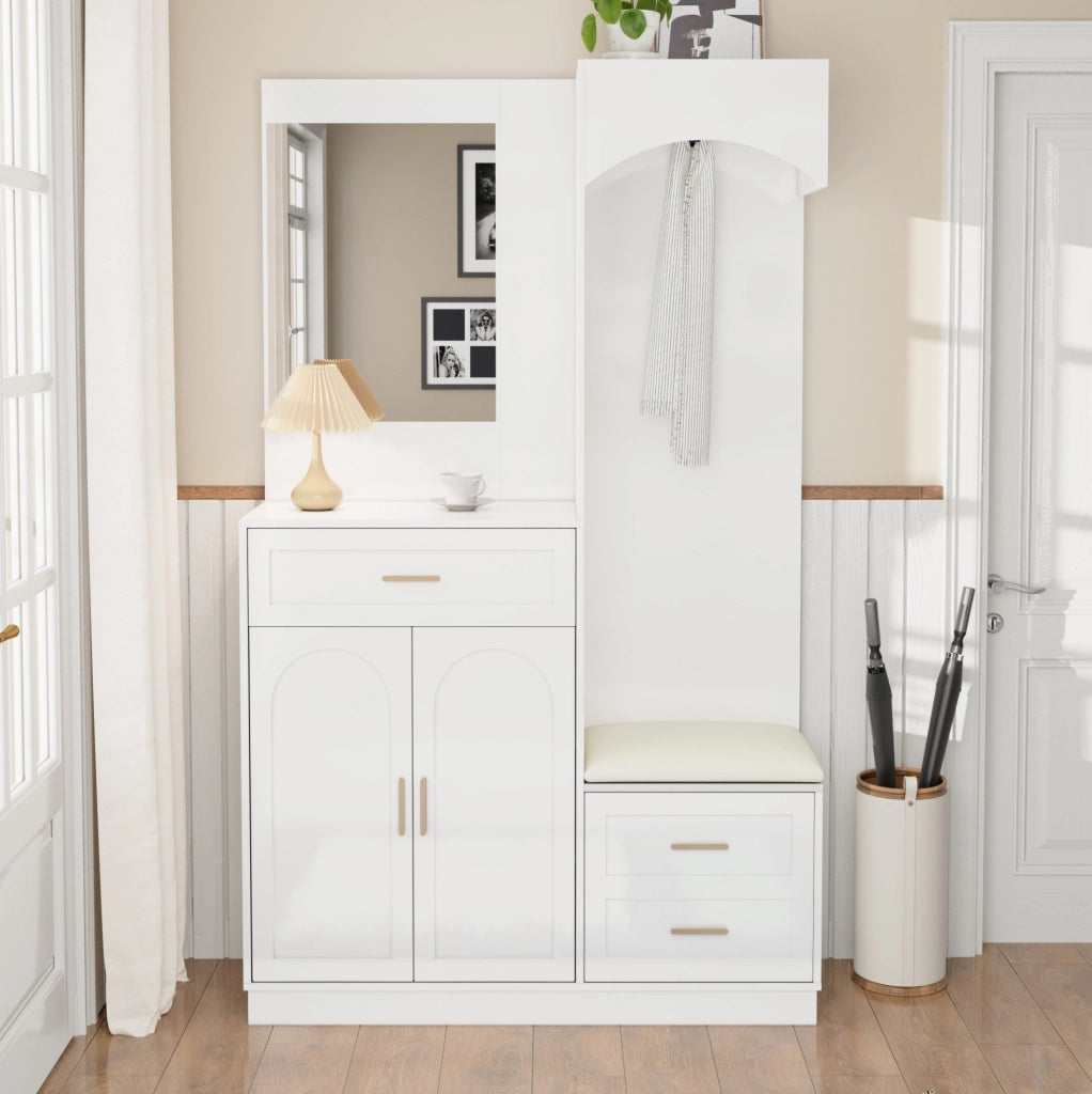 Guardaroba compatto bianco con appendiabiti, scarpiera, specchio e panca, 110x33x185,5 cm
