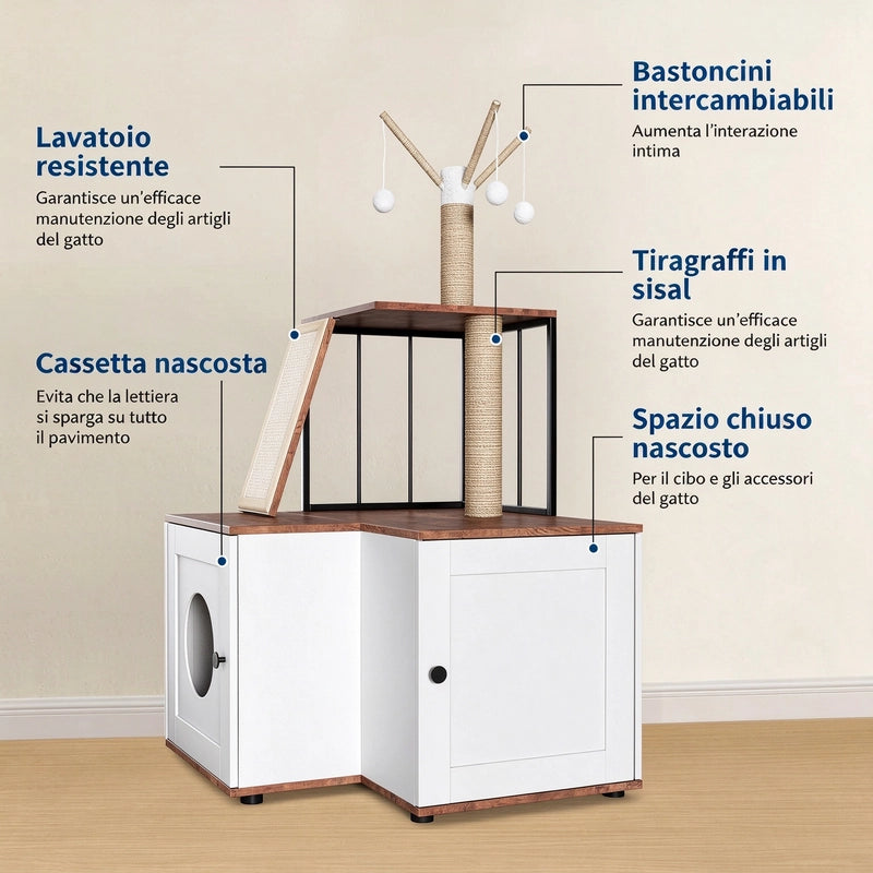 Albero per Gatti in Legno con Lettiera Nascosta e Mobiletto; Bianco