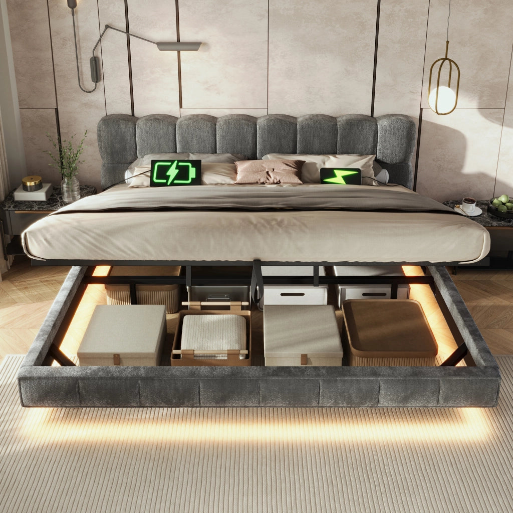 Letto imbottito matrimoniale 180x200 cm grigio con contenitore idraulico, illuminazione LED e porte di ricarica USB e Tipo-C