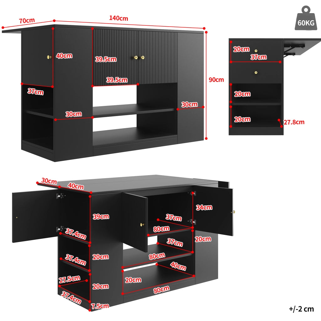 Isola da cucina con piano ribaltabile, 2 ante, cassetti e ripiani regolabili, nera in MDF per cucina, 140 × 40 × 90 cm