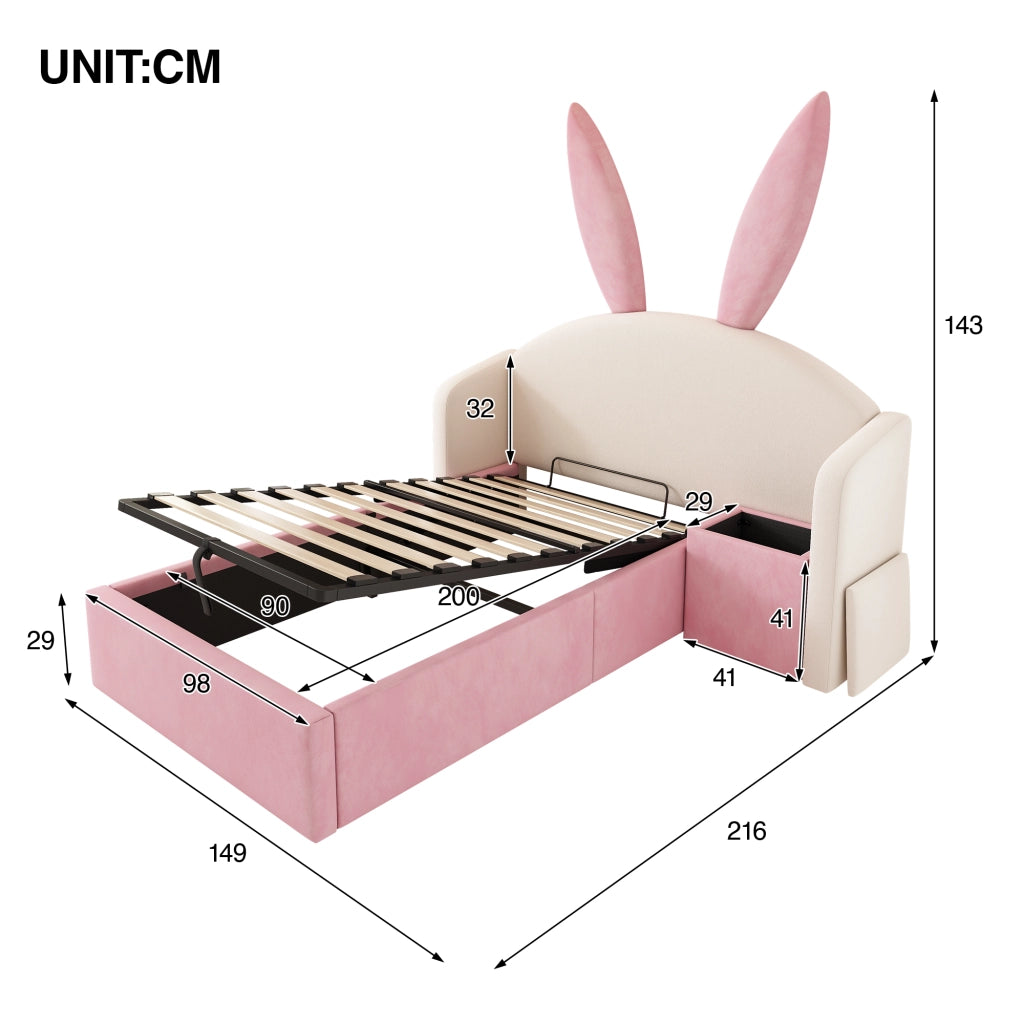 Letto per bambini 90x200 imbottito con contenitore idraulico e comodino integrato
