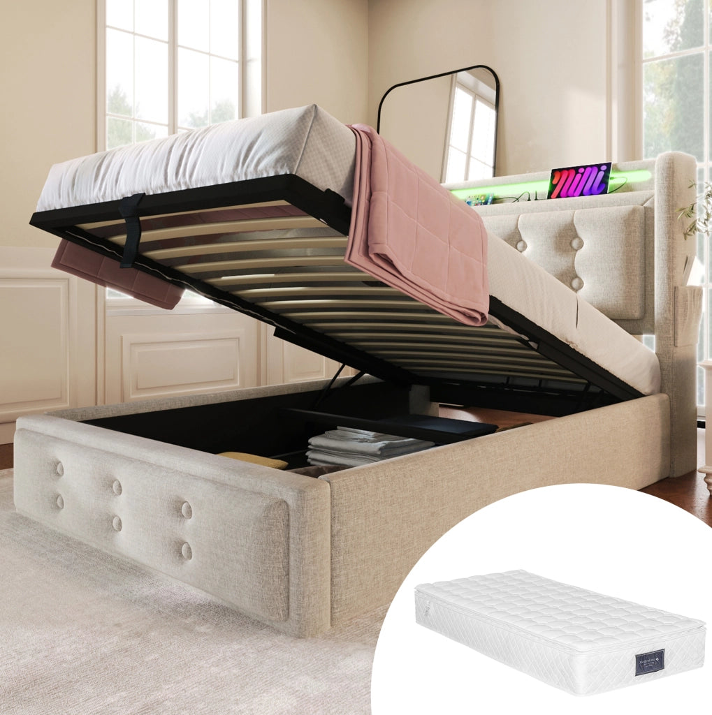 Letto singolo 90x200 in cotone e metallo beige con LED， USB-C e vano contenitore