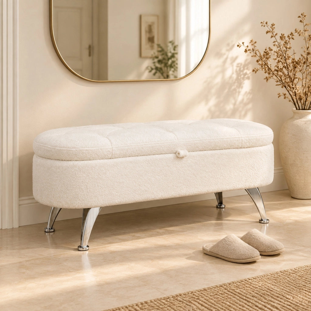 Panca contenitore 114x47x46,5 cm in poliestere bianco con gambe in metallo