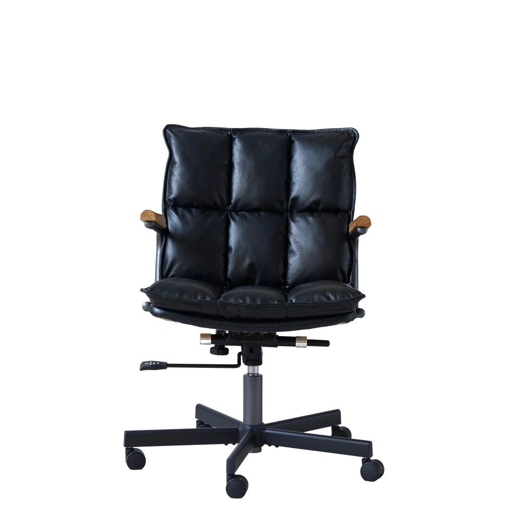 Sedia da ufficio in pelle con braccioli in legno, base girevole a 360° e ruote silenziose, struttura in metallo, colore nero
