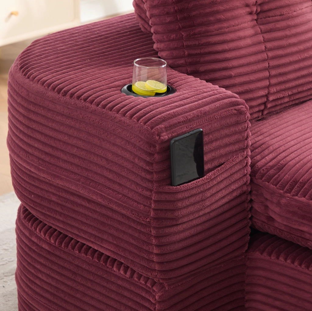 Poltrona letto 2-in-1 in velluto a coste, divano convertibile con braccioli regolabili e doppio porta bevande, colore vino