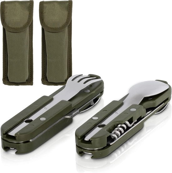 Set da esterno 2 pezzi in acciaio inossidabile, 1 set comprende coltello, forchetta e cucchiaio, verde e argento