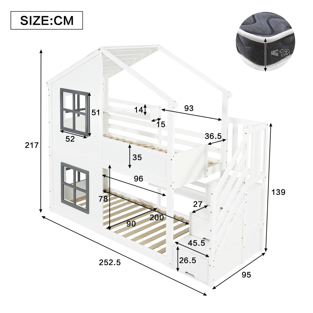 Letto a castello per bambini 90x200 cm bianco e grigio in pino e MDF con tetto; finestre e scala contenitore