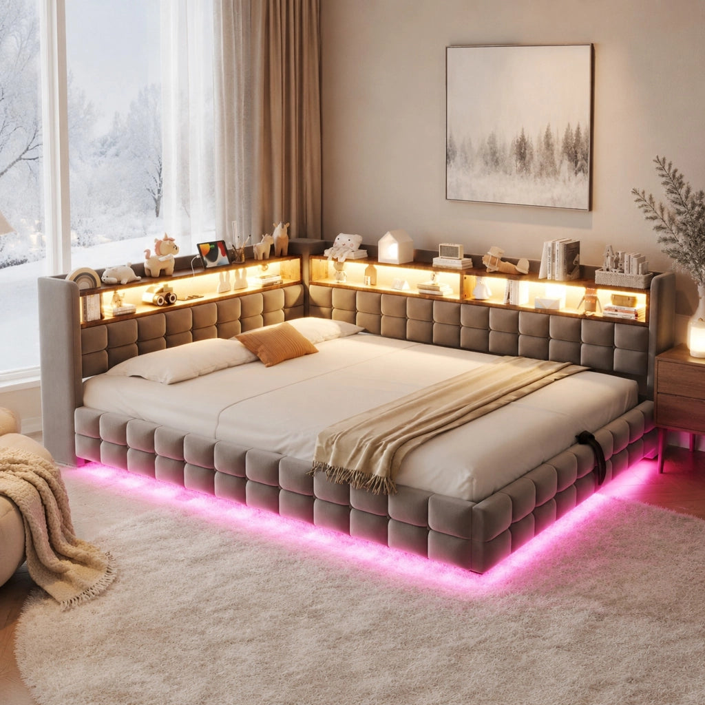 Divano letto imbottito multifunzione con contenitore, LED e prese