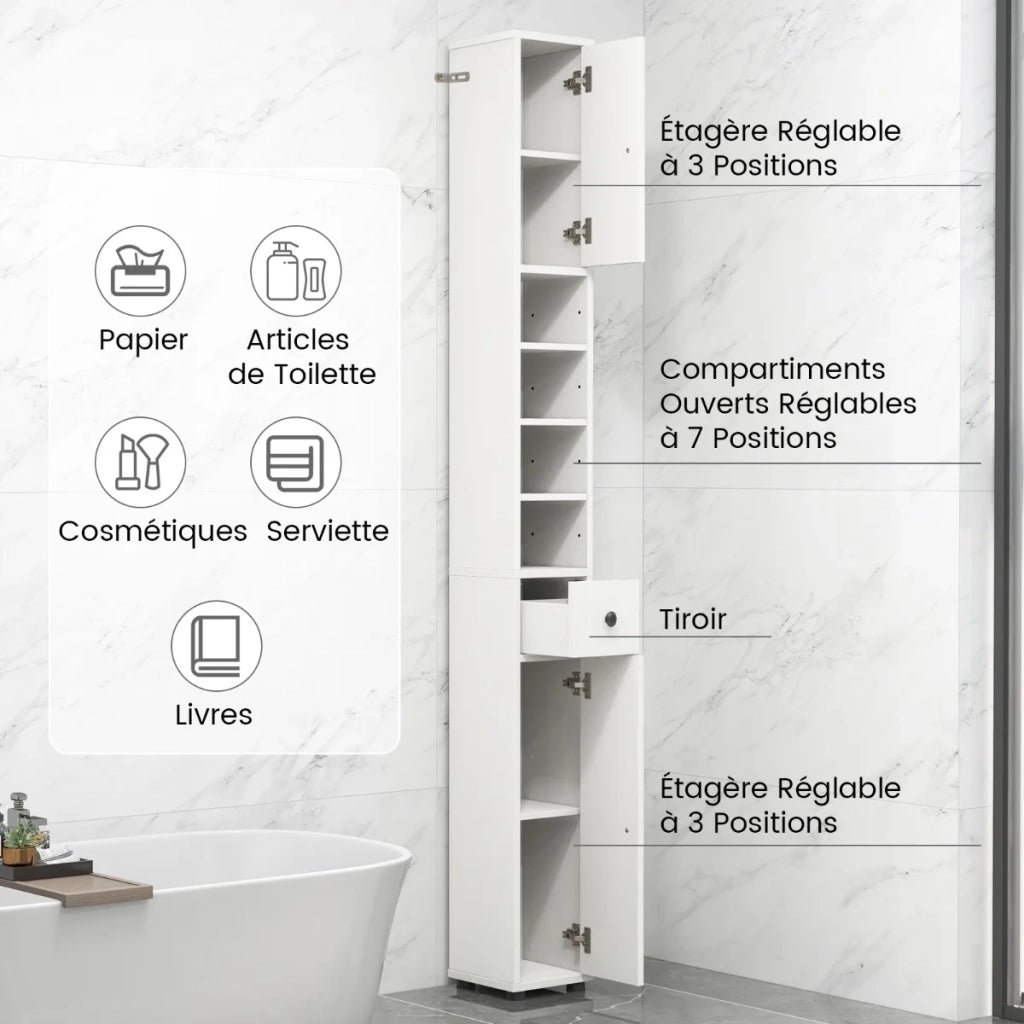 Armadio alto da bagno a colonna, 180 cm, 2 ante e 1 cassetto, MDF bianco, salvaspazio per casa