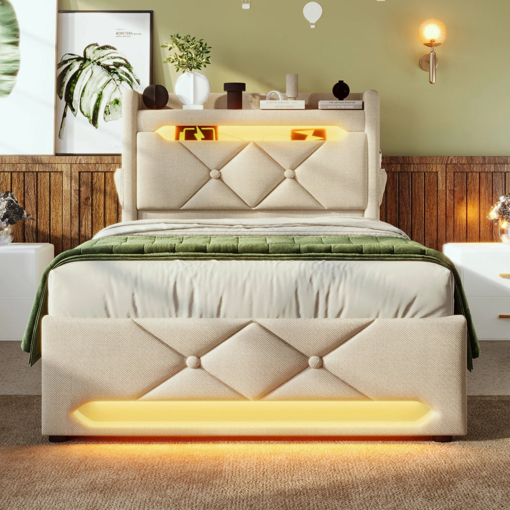 Letto singolo 90 × 200 cm con contenitore idraulico, LED, USB e Type-C, in lino beige, senza materasso