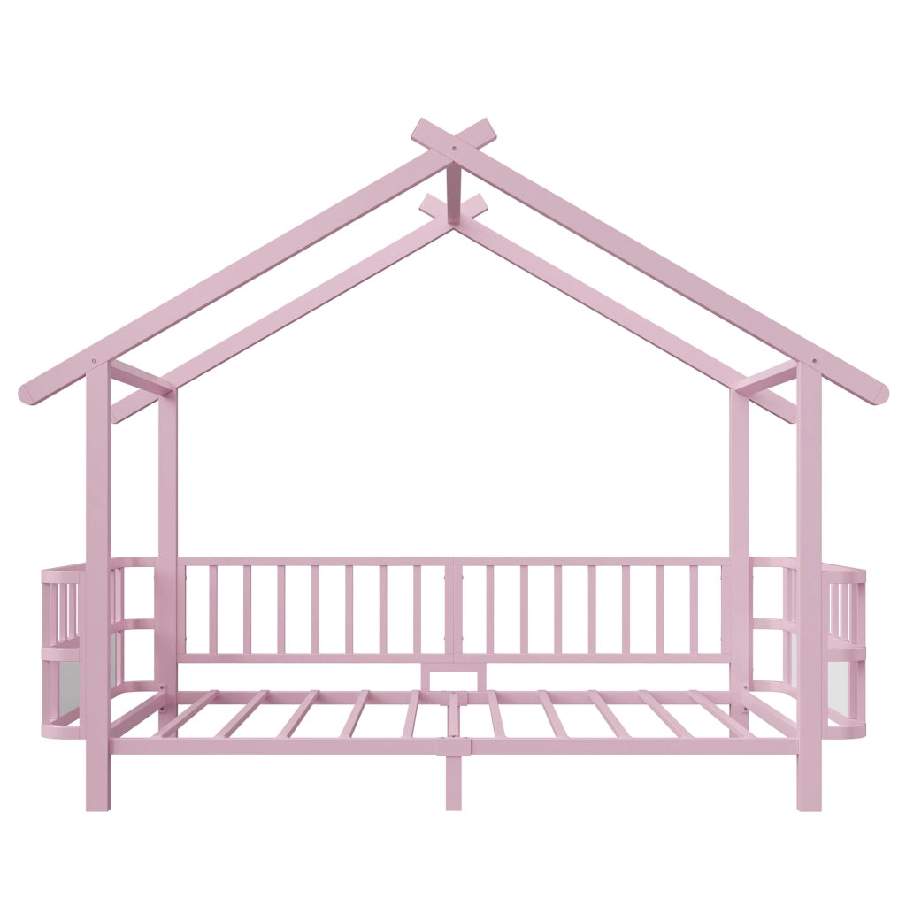 Letto per bambini in metallo a forma di casa, 90 x 200 cm, con griglia di sicurezza, design a tetto e cornice decorativa, per bambini e bambine, Rosa