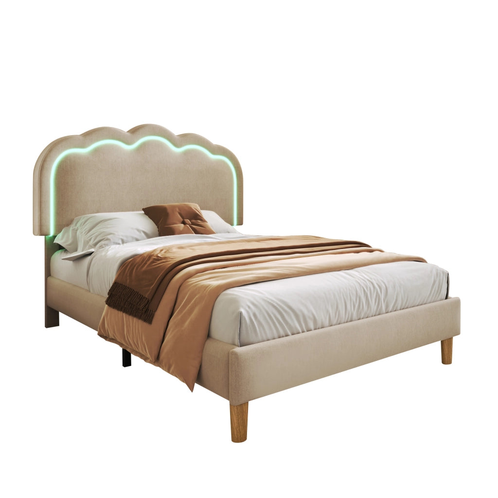 Letto singolo 90 × 200 cm con testiera LED regolabile imbottito in lino beige per camera da letto e ospiti