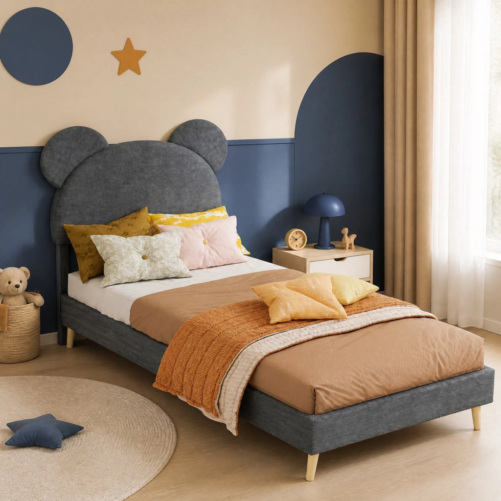 Letto contenitore 90 × 200 cm con testiera imbottita a forma di cartone grigio e vano con pistoni pneumatici