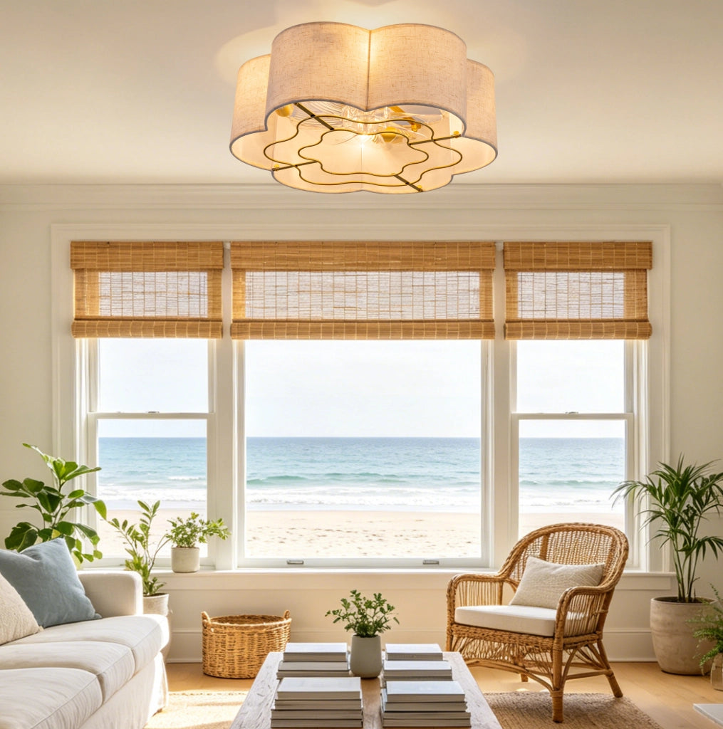 Ventilatore da soffitto con luce 50x50x20 cm in tessuto e metallo rame con telecomando