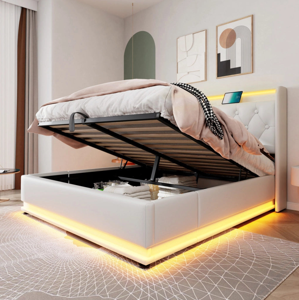 Letto matrimoniale 140x200 cm con contenitore idraulico, LED 360Â° e rivestimento in PU bianco